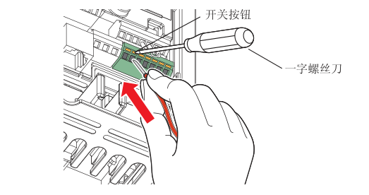 一字螺絲刀將開關按鈕按入深處操作圖